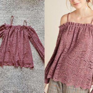 Anthropologie Romana Mauve Lace | Cold Shoulder Top Purple Shirt Blouse New